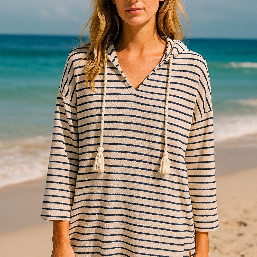 Coolibar Key Colony Beach Hoodie 50+ UPF Blue White Stripe Drop Shoulder Large